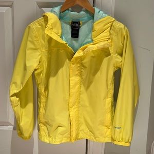 Girls SIZE 10-12 yellow and light blue wind breaker with hood. Light weight.